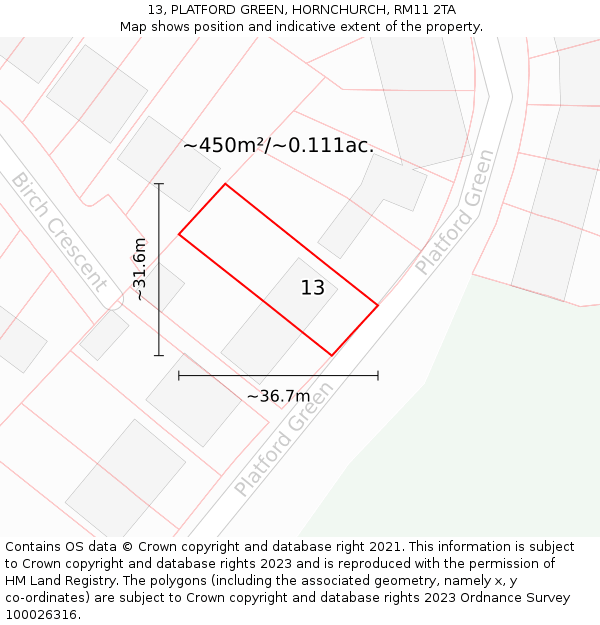 13, PLATFORD GREEN, HORNCHURCH, RM11 2TA: Plot and title map