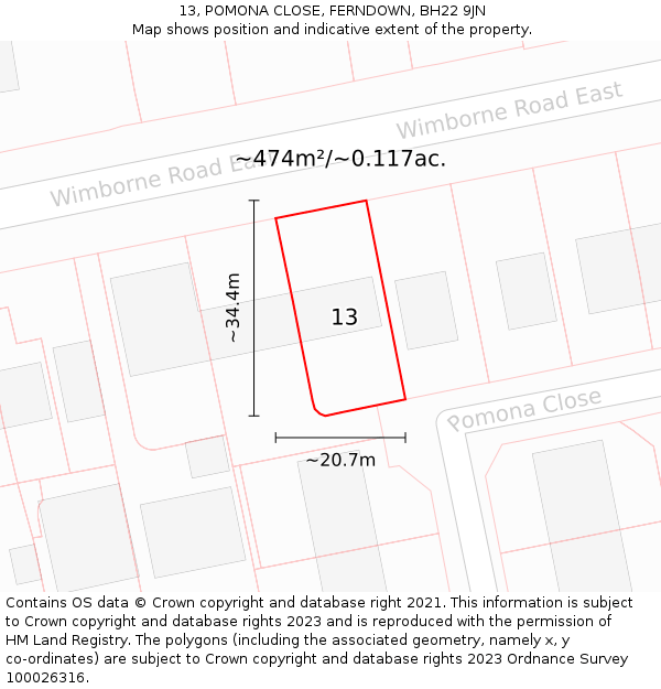 13, POMONA CLOSE, FERNDOWN, BH22 9JN: Plot and title map