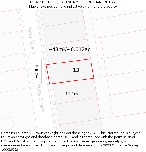 13, POND STREET, HIGH SHINCLIFFE, DURHAM, DH1 2PS: Plot and title map