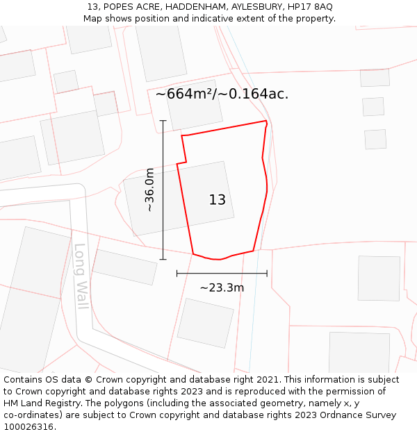 13, POPES ACRE, HADDENHAM, AYLESBURY, HP17 8AQ: Plot and title map