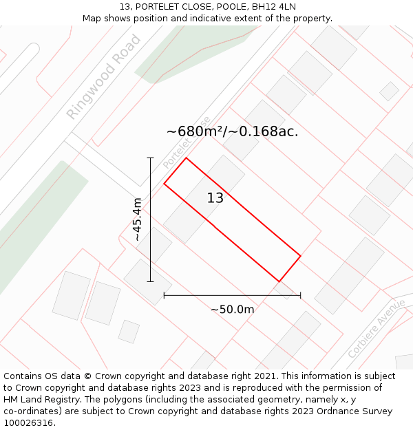 13, PORTELET CLOSE, POOLE, BH12 4LN: Plot and title map