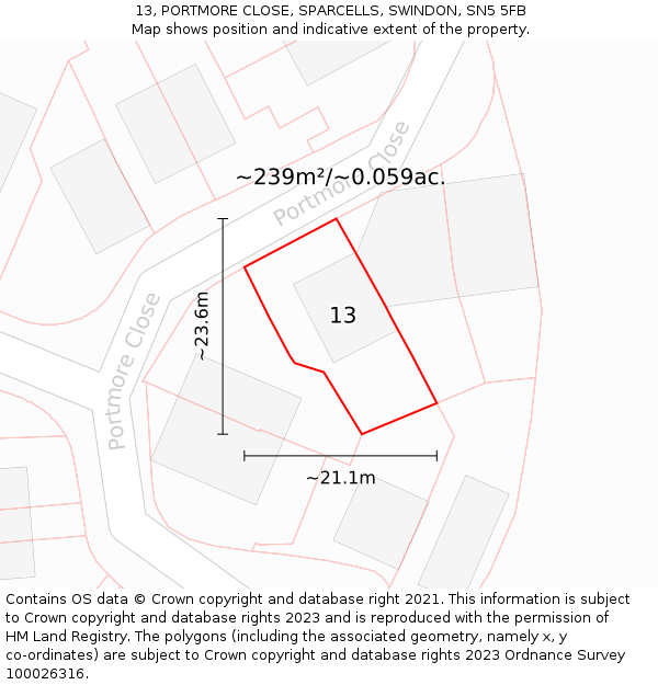 13, PORTMORE CLOSE, SPARCELLS, SWINDON, SN5 5FB: Plot and title map