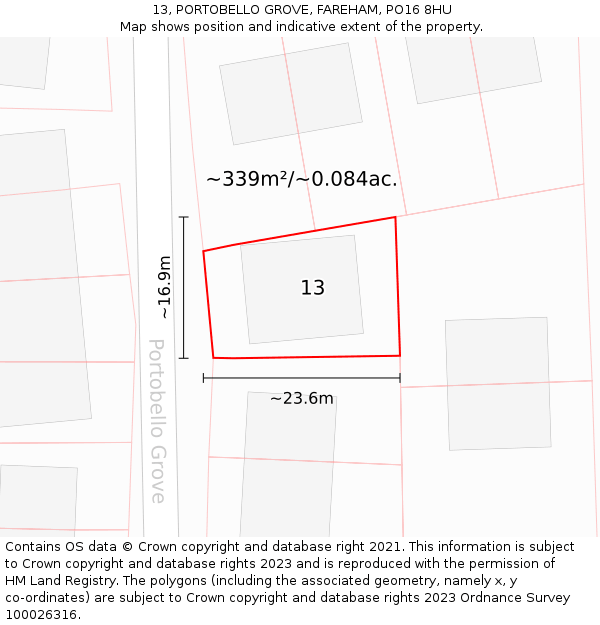 13, PORTOBELLO GROVE, FAREHAM, PO16 8HU: Plot and title map