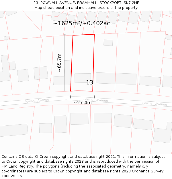 13, POWNALL AVENUE, BRAMHALL, STOCKPORT, SK7 2HE: Plot and title map