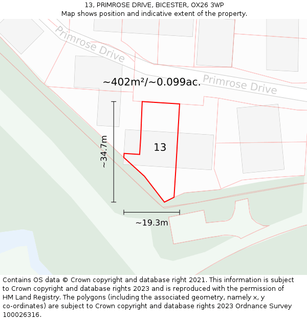 13, PRIMROSE DRIVE, BICESTER, OX26 3WP: Plot and title map