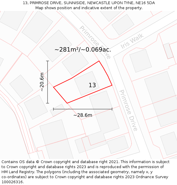 13, PRIMROSE DRIVE, SUNNISIDE, NEWCASTLE UPON TYNE, NE16 5DA: Plot and title map