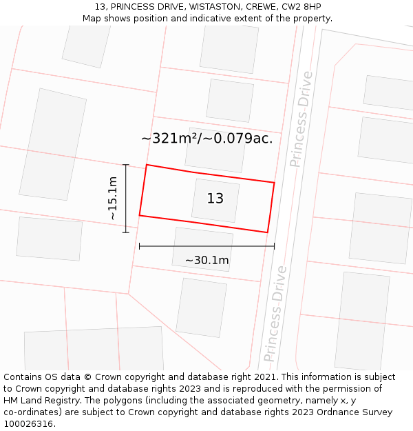 13, PRINCESS DRIVE, WISTASTON, CREWE, CW2 8HP: Plot and title map