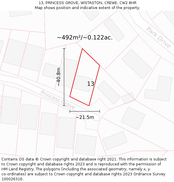 13, PRINCESS GROVE, WISTASTON, CREWE, CW2 8HR: Plot and title map