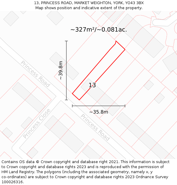 13, PRINCESS ROAD, MARKET WEIGHTON, YORK, YO43 3BX: Plot and title map