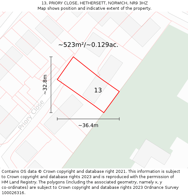 13, PRIORY CLOSE, HETHERSETT, NORWICH, NR9 3HZ: Plot and title map