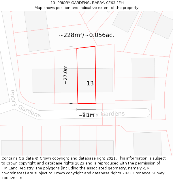 13, PRIORY GARDENS, BARRY, CF63 1FH: Plot and title map