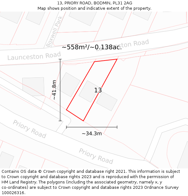13, PRIORY ROAD, BODMIN, PL31 2AG: Plot and title map