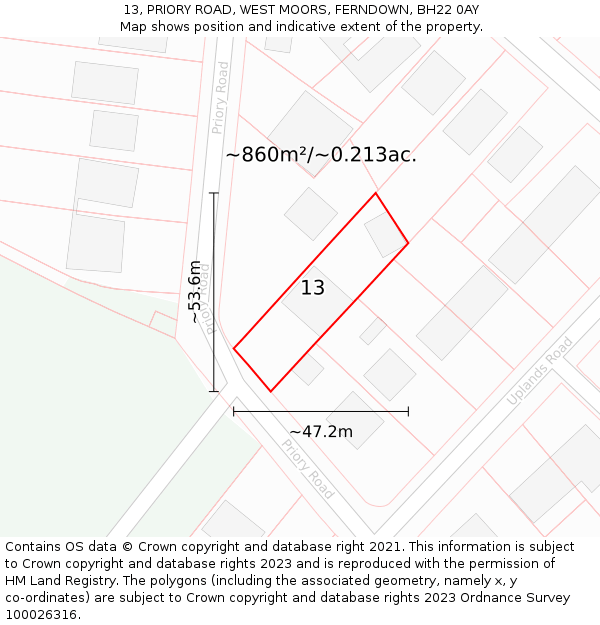 13, PRIORY ROAD, WEST MOORS, FERNDOWN, BH22 0AY: Plot and title map