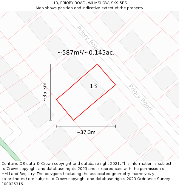 13, PRIORY ROAD, WILMSLOW, SK9 5PS: Plot and title map