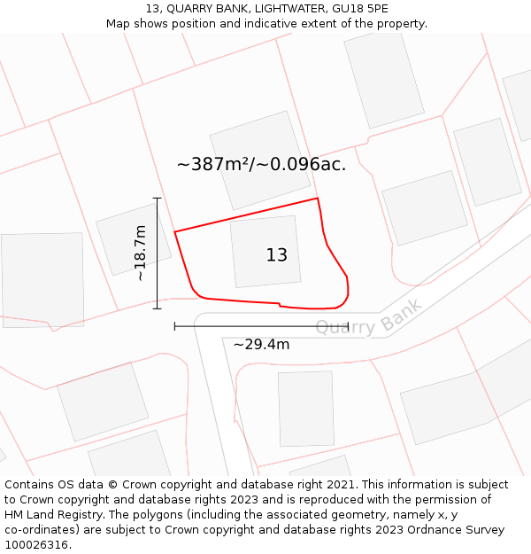 13, QUARRY BANK, LIGHTWATER, GU18 5PE: Plot and title map