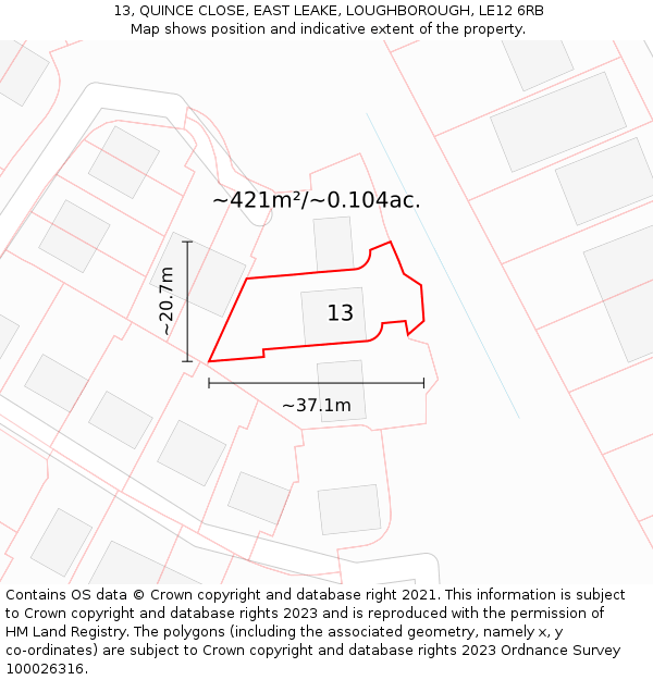 13, QUINCE CLOSE, EAST LEAKE, LOUGHBOROUGH, LE12 6RB: Plot and title map