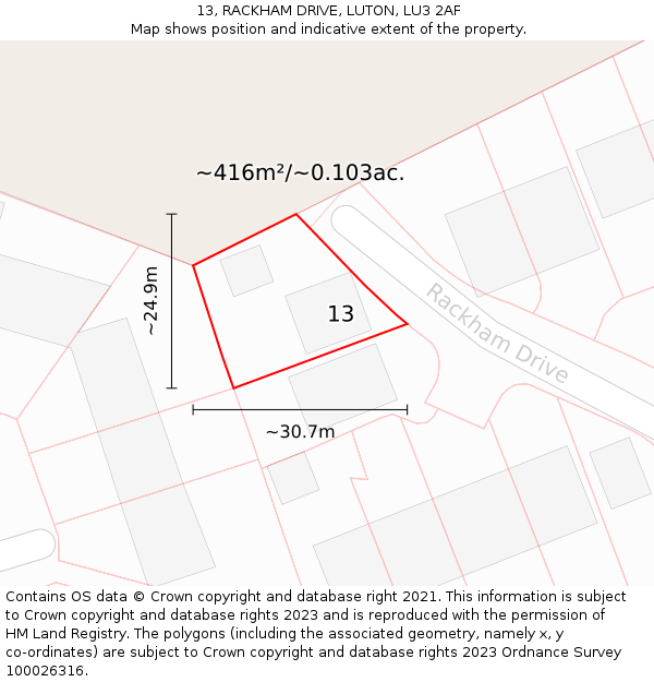 13, RACKHAM DRIVE, LUTON, LU3 2AF: Plot and title map