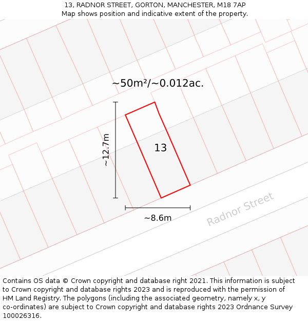 13, RADNOR STREET, GORTON, MANCHESTER, M18 7AP: Plot and title map