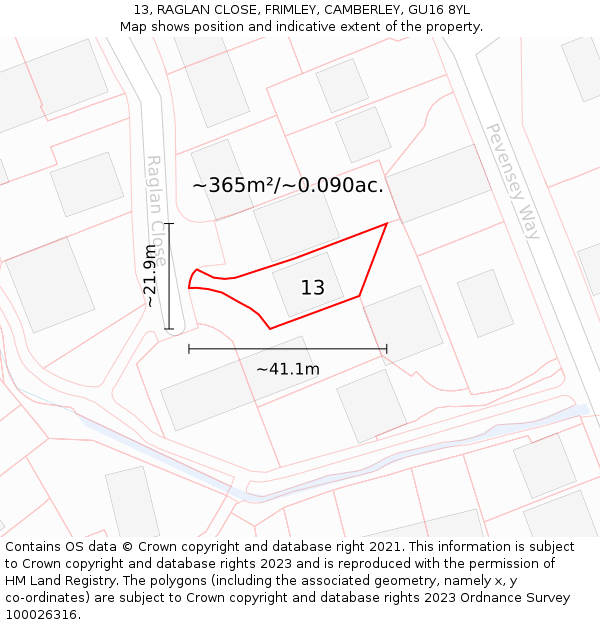 13, RAGLAN CLOSE, FRIMLEY, CAMBERLEY, GU16 8YL: Plot and title map