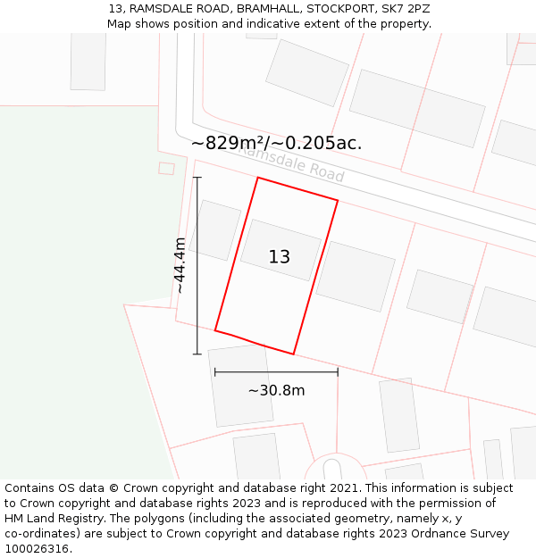 13, RAMSDALE ROAD, BRAMHALL, STOCKPORT, SK7 2PZ: Plot and title map