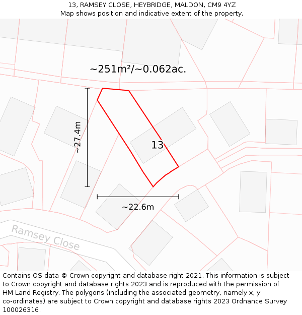 13, RAMSEY CLOSE, HEYBRIDGE, MALDON, CM9 4YZ: Plot and title map