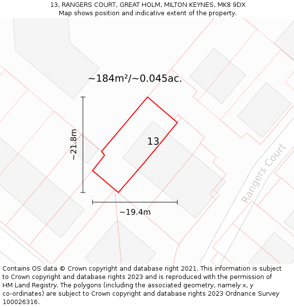 13, RANGERS COURT, GREAT HOLM, MILTON KEYNES, MK8 9DX: Plot and title map