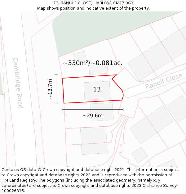 13, RANULF CLOSE, HARLOW, CM17 0GX: Plot and title map