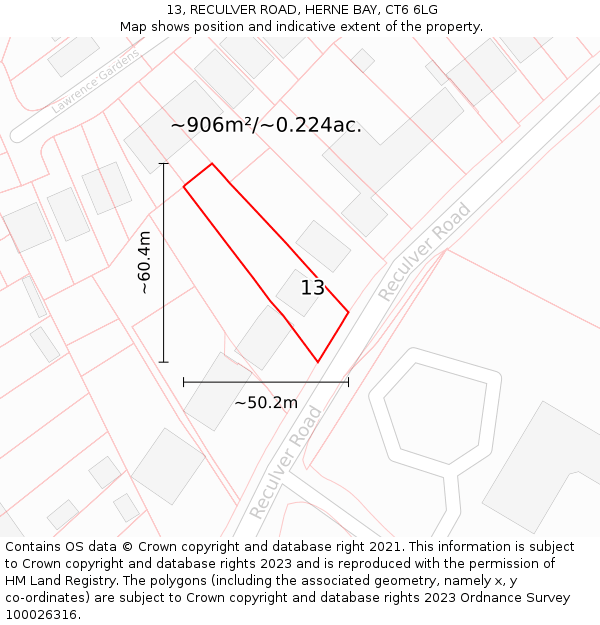 13, RECULVER ROAD, HERNE BAY, CT6 6LG: Plot and title map