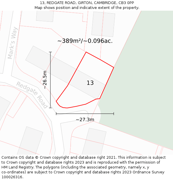 13, REDGATE ROAD, GIRTON, CAMBRIDGE, CB3 0PP: Plot and title map