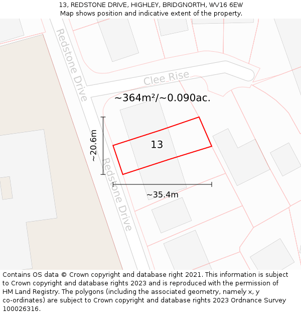 13, REDSTONE DRIVE, HIGHLEY, BRIDGNORTH, WV16 6EW: Plot and title map