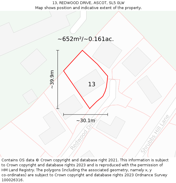 13, REDWOOD DRIVE, ASCOT, SL5 0LW: Plot and title map