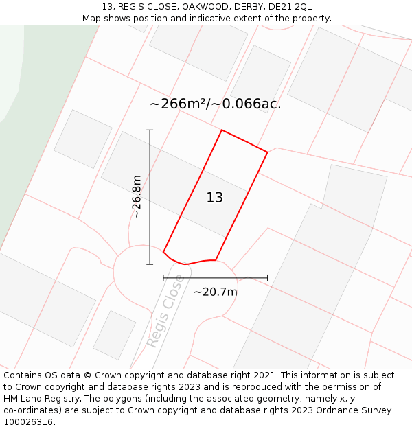 13, REGIS CLOSE, OAKWOOD, DERBY, DE21 2QL: Plot and title map