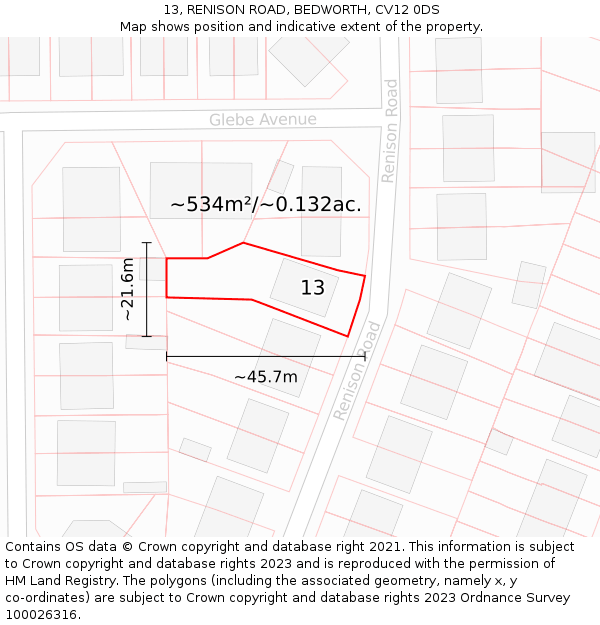 13, RENISON ROAD, BEDWORTH, CV12 0DS: Plot and title map