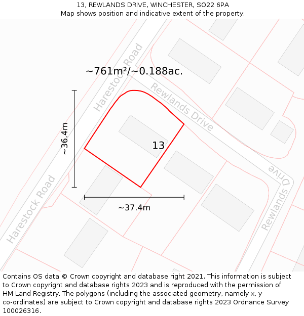 13, REWLANDS DRIVE, WINCHESTER, SO22 6PA: Plot and title map