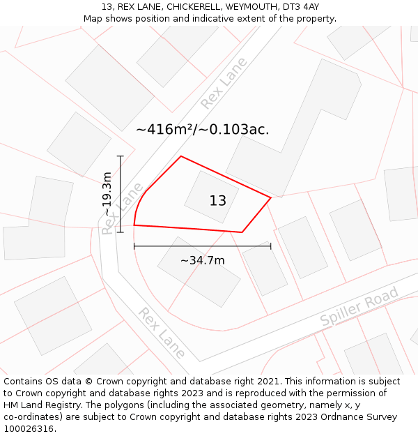 13, REX LANE, CHICKERELL, WEYMOUTH, DT3 4AY: Plot and title map