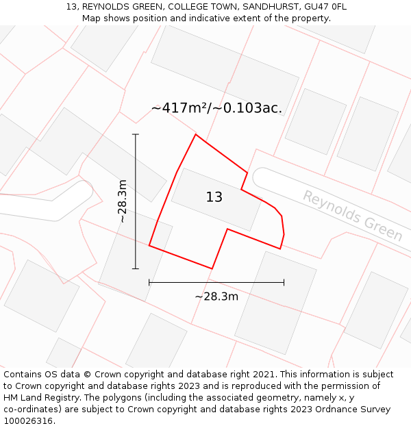 13, REYNOLDS GREEN, COLLEGE TOWN, SANDHURST, GU47 0FL: Plot and title map