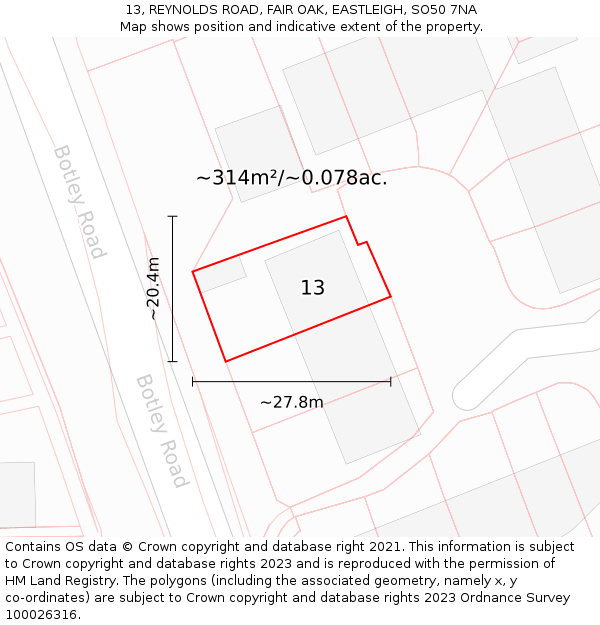 13, REYNOLDS ROAD, FAIR OAK, EASTLEIGH, SO50 7NA: Plot and title map