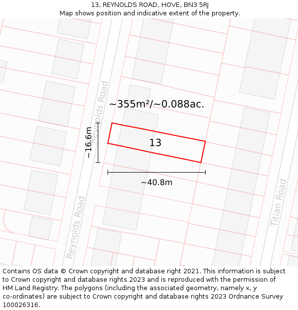 13, REYNOLDS ROAD, HOVE, BN3 5RJ: Plot and title map