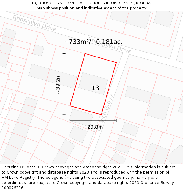 13, RHOSCOLYN DRIVE, TATTENHOE, MILTON KEYNES, MK4 3AE: Plot and title map