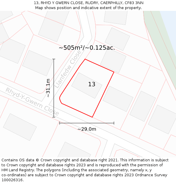 13, RHYD Y GWERN CLOSE, RUDRY, CAERPHILLY, CF83 3NN: Plot and title map