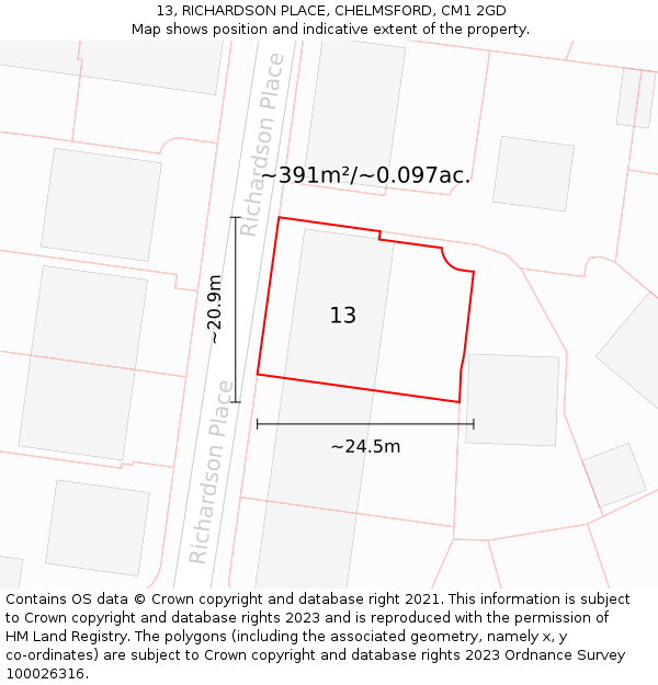 13, RICHARDSON PLACE, CHELMSFORD, CM1 2GD: Plot and title map