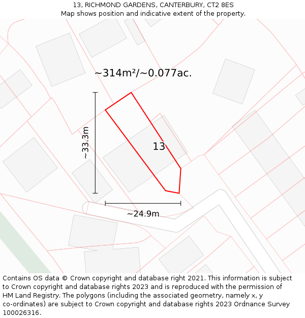 13, RICHMOND GARDENS, CANTERBURY, CT2 8ES: Plot and title map