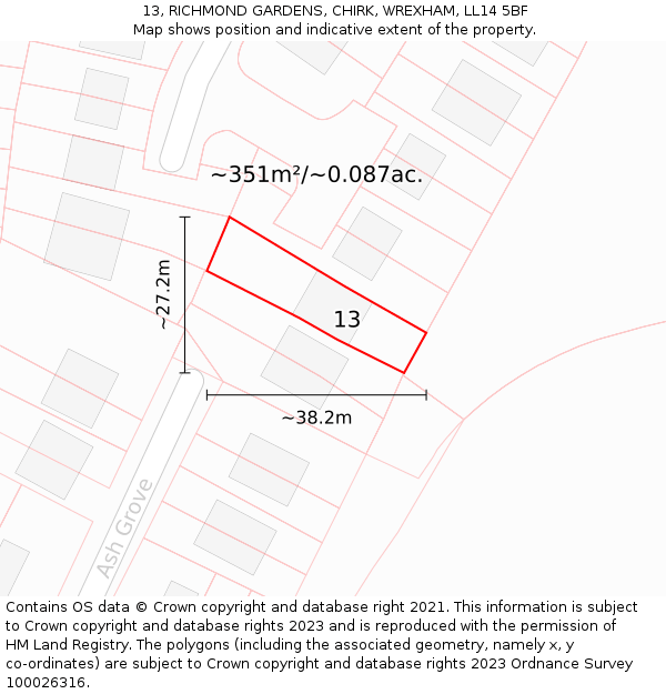 13, RICHMOND GARDENS, CHIRK, WREXHAM, LL14 5BF: Plot and title map