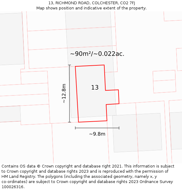 13, RICHMOND ROAD, COLCHESTER, CO2 7FJ: Plot and title map