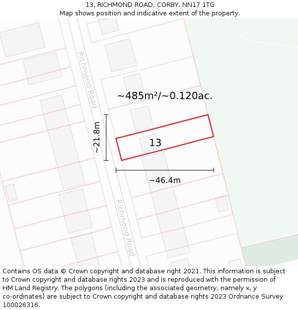 13, RICHMOND ROAD, CORBY, NN17 1TG: Plot and title map