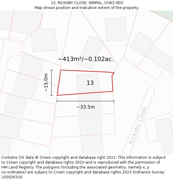13, RICKABY CLOSE, WIRRAL, CH63 0EG: Plot and title map