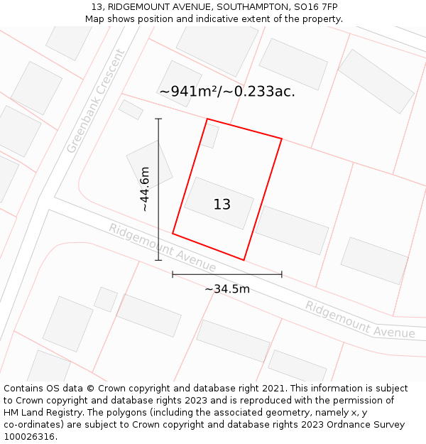 13, RIDGEMOUNT AVENUE, SOUTHAMPTON, SO16 7FP: Plot and title map