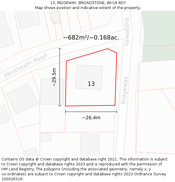 13, RIDGEWAY, BROADSTONE, BH18 8DY: Plot and title map