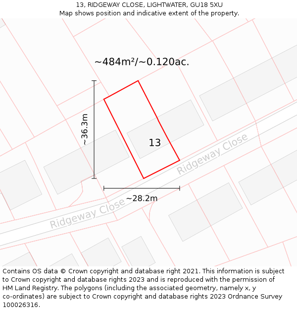 13, RIDGEWAY CLOSE, LIGHTWATER, GU18 5XU: Plot and title map