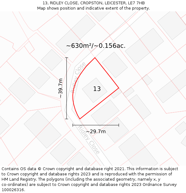 13, RIDLEY CLOSE, CROPSTON, LEICESTER, LE7 7HB: Plot and title map